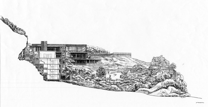 Kandalama Hotel | Sectional elevation through the hotel showing the relationship of the building to the cliff | Archnet